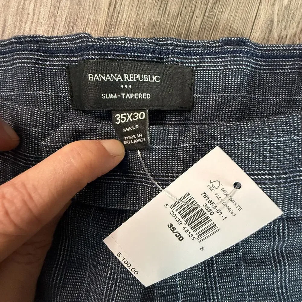 Banana Republic Grayson Slim Tapered Ankle Pants Men's 35x30 Blue Plaid NWT